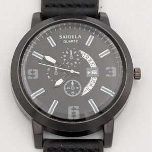 Saigela Quartz Men's Black Watch with Date Subdial and Black Leather Strap